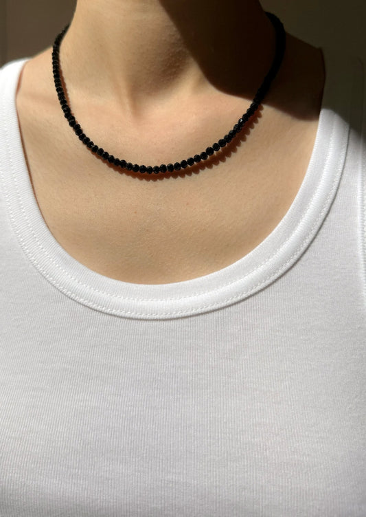 HERMINA ATHENS - Silver Full Moon Charm with Black Crystal Stone Necklace