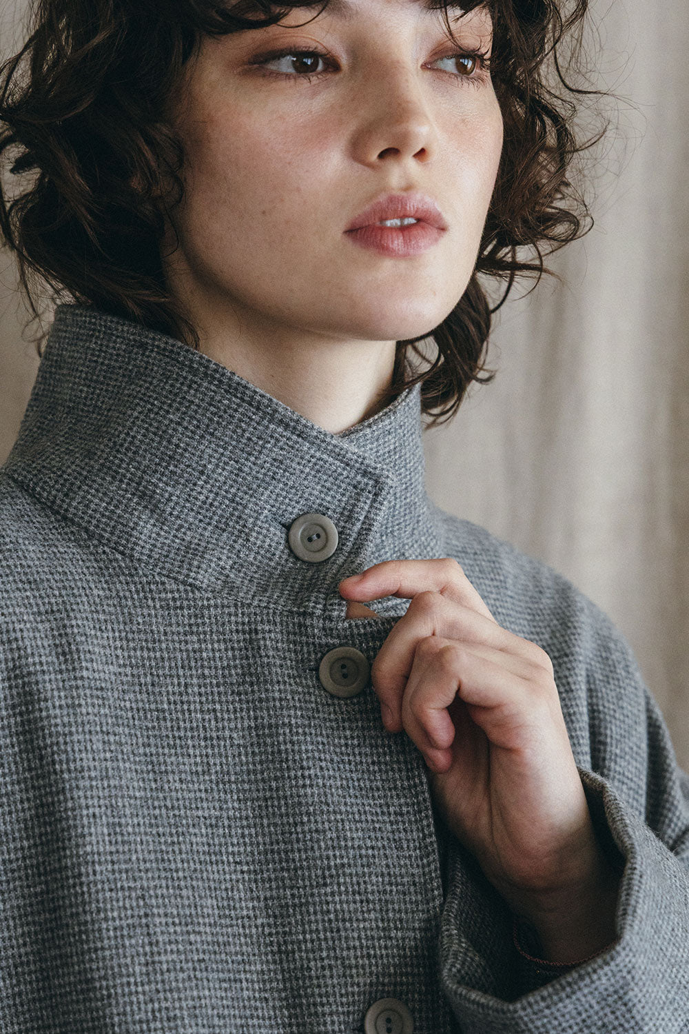 Fog Linen Work Wool Ziema Stand Collar Coat - Grey Check