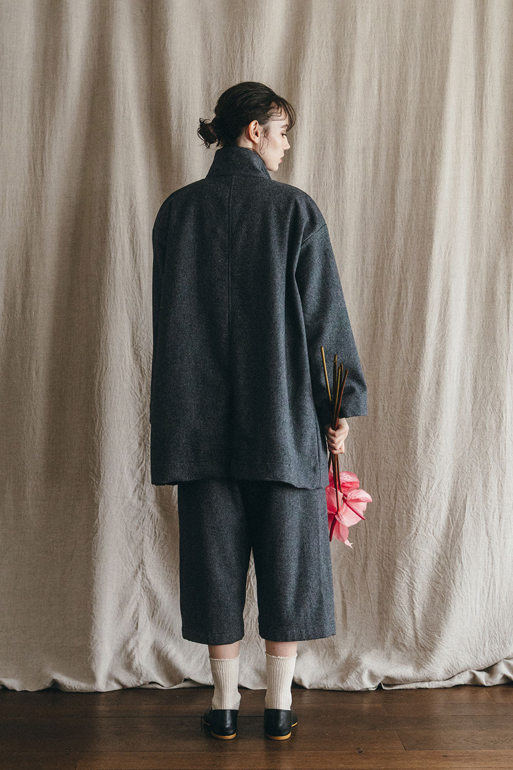 Fog Linen Work Wool Ziema Stand Collar Coat - Black Check
