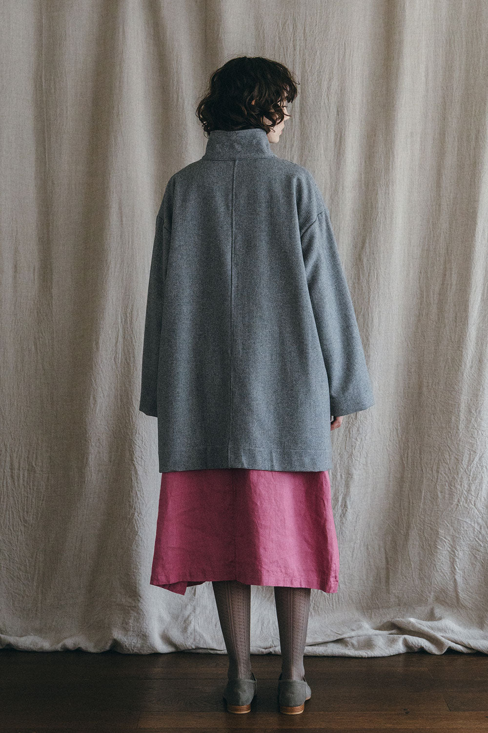 Fog Linen Work Wool Ziema Stand Collar Coat - Grey Check