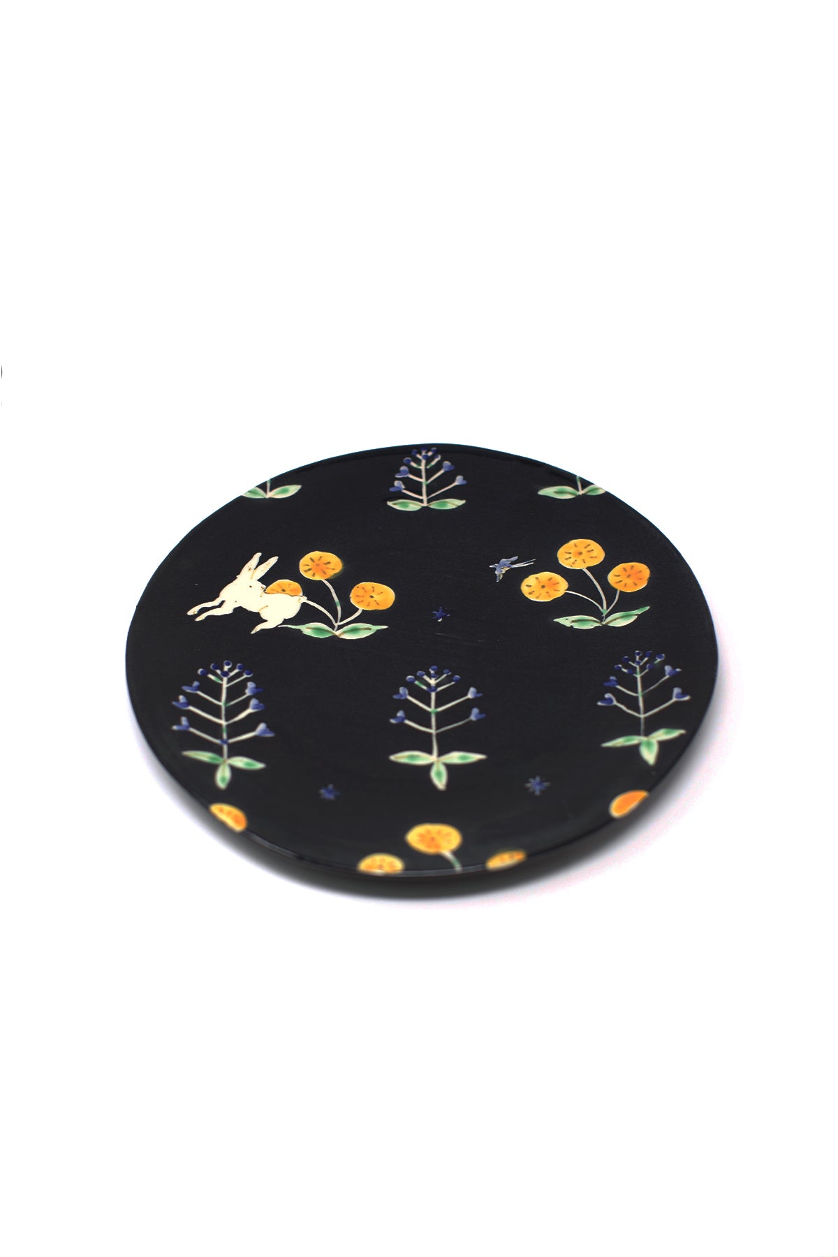 Misao Yajima Large Round Rabbit & Flower Plate (矢島操)