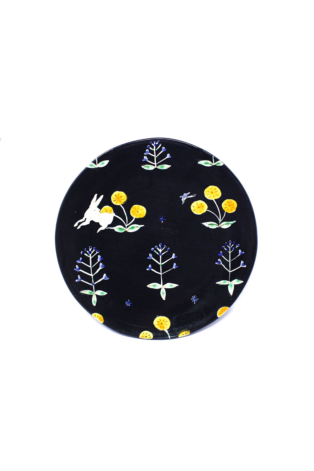 Misao Yajima Large Round Rabbit & Flower Plate (矢島操)