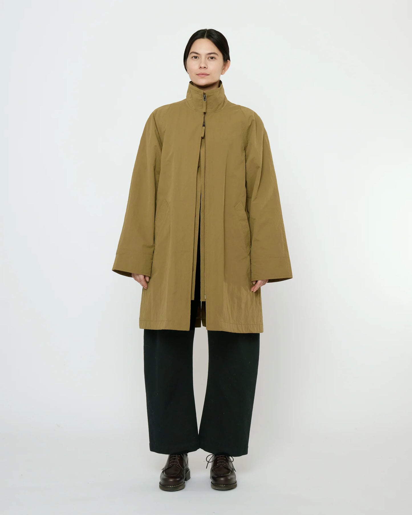 7115 by Szeki Unisex Double Collar Overcoat (Water-Repellent) - Kelp