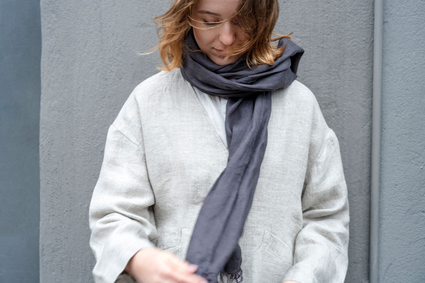 Fog Linen Work Roserie Linen Scarf - Dark Grey