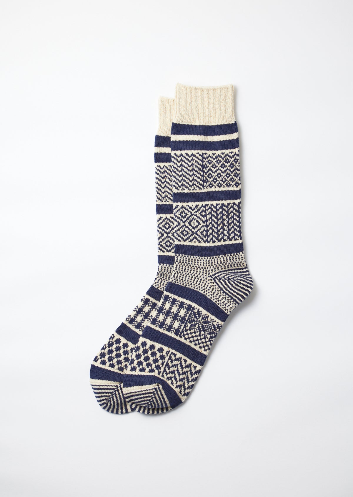 Rototo Multi Jacquard Crew Socks - Ivory/Navy