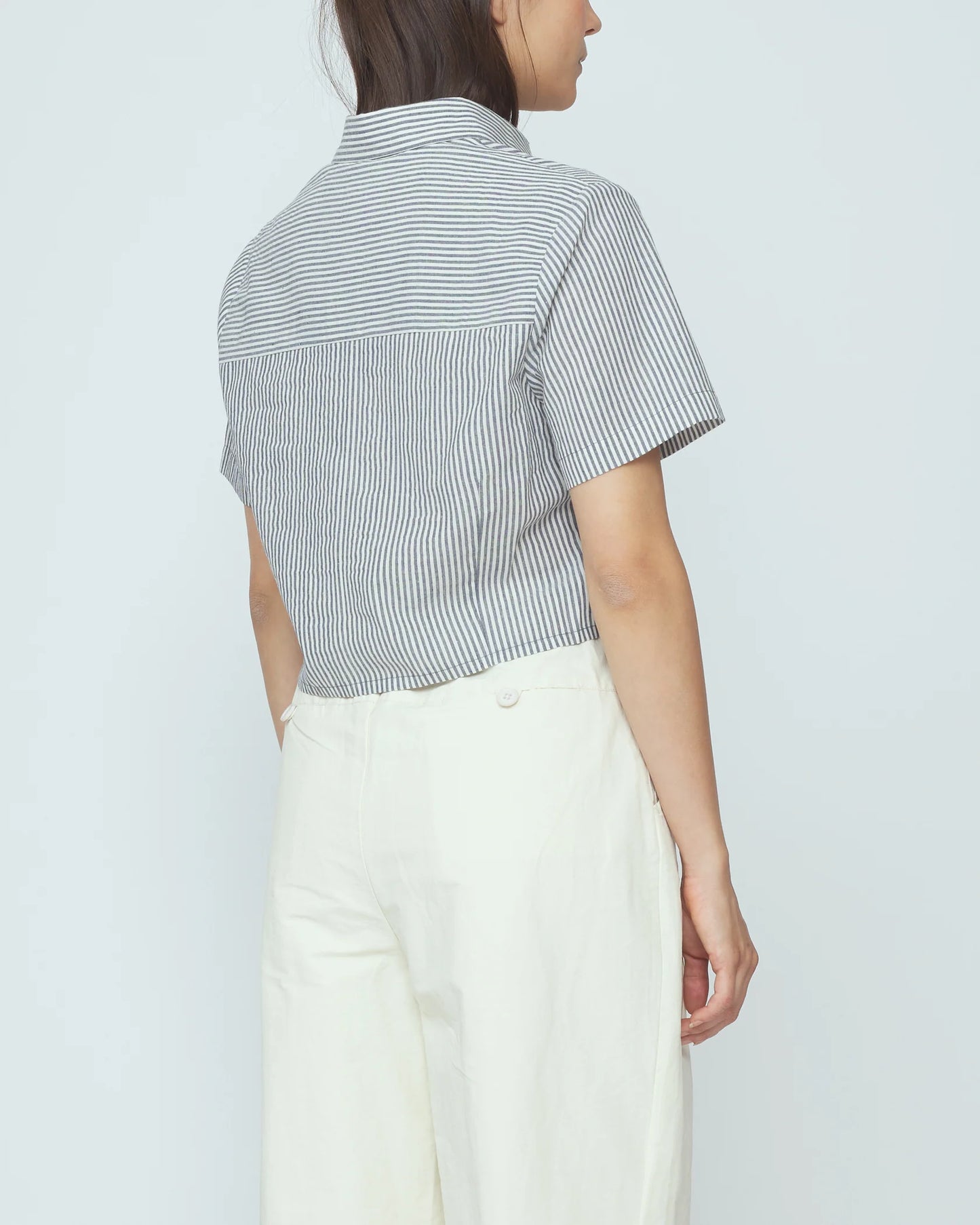 7115 by Szeki Striped Cropped Shirt - Navy Stripe