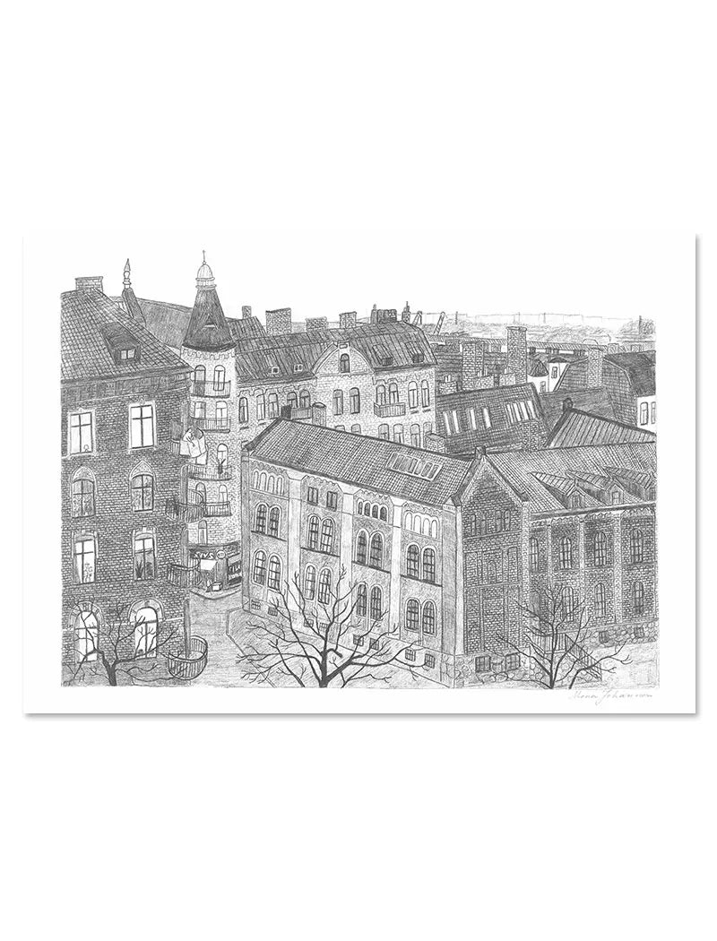 Fine Little Day Poster - Old City Pencil Sketch by Mona Johansson