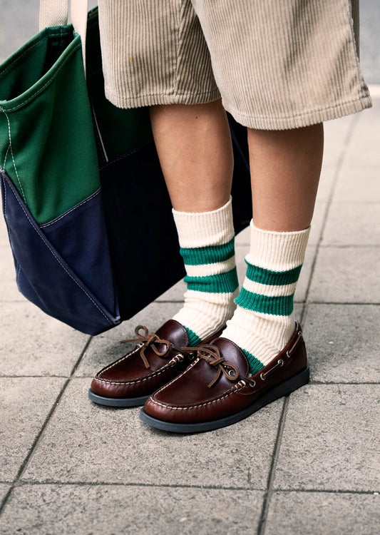 Rototo Recycled Cotton Stripe Socks - Ecru/Green