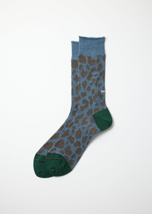 Rototo Organic Cotton & Recycle Polyester Socks "LEOPARD" (Light Blue/Dark Green)