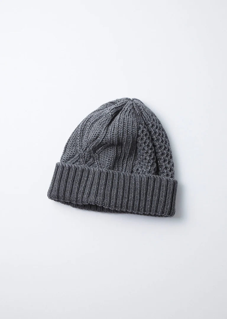 Rototo Cotton Aran Cable Indigo Rollup Beanie (Black Denim)