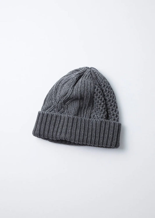 Rototo Cotton Aran Cable Indigo Rollup Beanie (Black Denim)