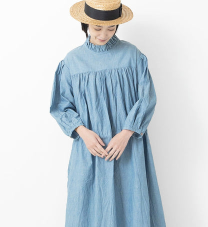 Veritecoeur Limited Version-Frill Gather Dress- Two Colours: Dangarees Blue & Dangarees Navy