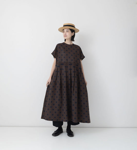 Veritecoeur Tuck Dress - Brown x Navy Dots