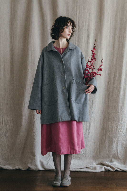 Fog Linen Work Wool Ziema Stand Collar Coat - Grey Check
