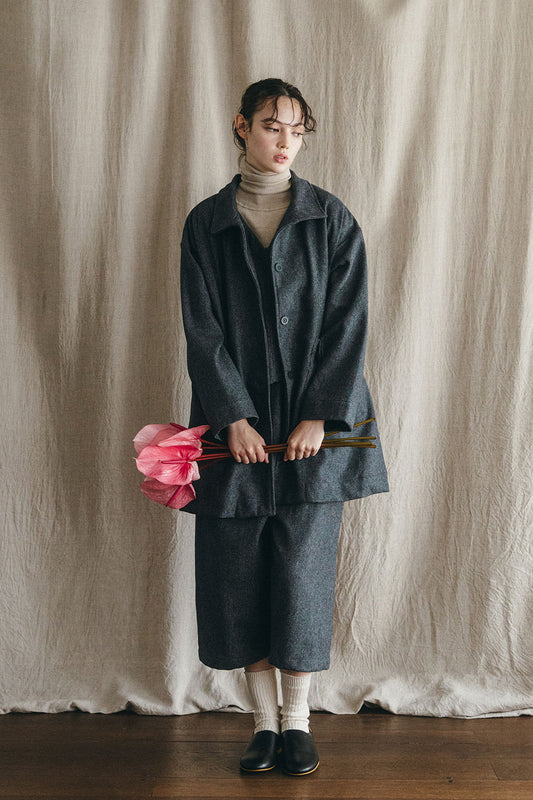 Fog Linen Work Wool Ziema Stand Collar Coat - Black Check