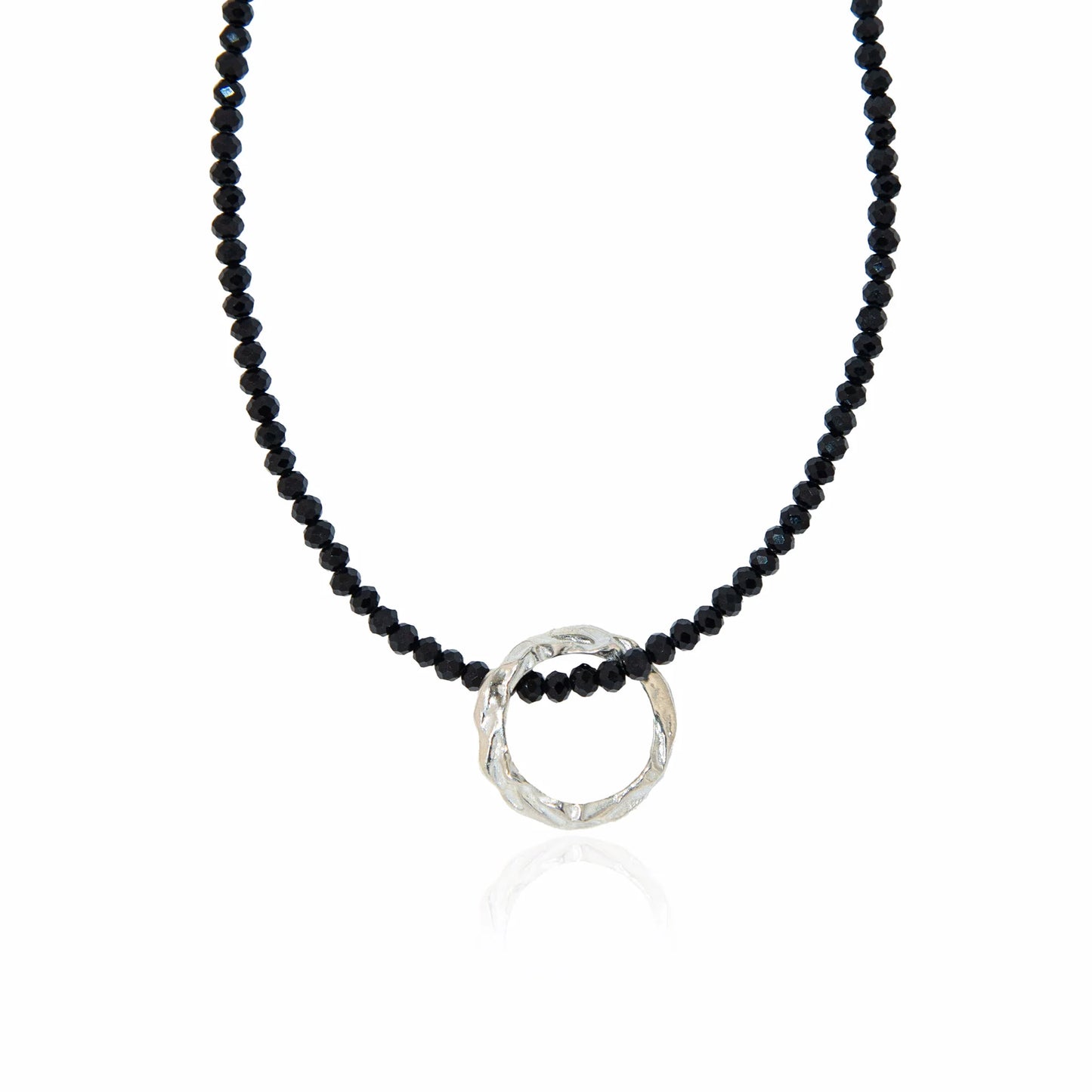 HERMINA ATHENS - Silver Full Moon Charm with Black Crystal Stone Necklace