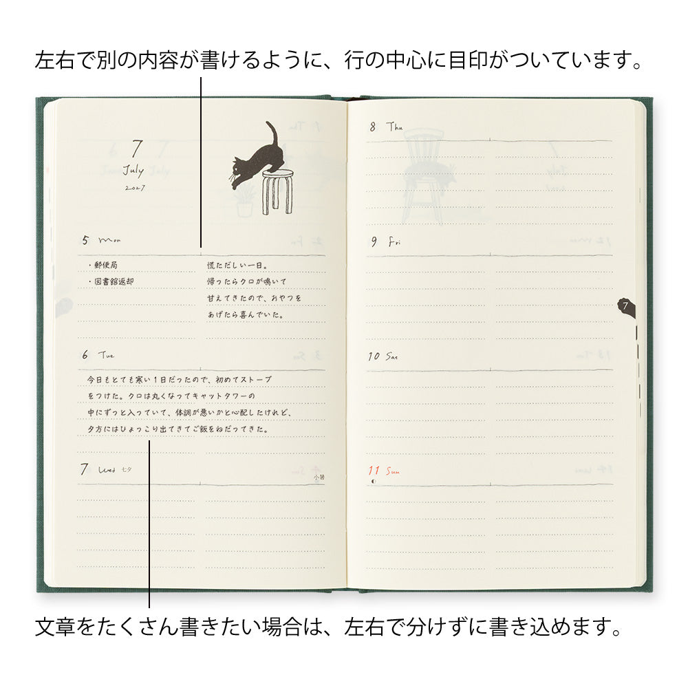 Midori 2027 B6 Book Style Diary - Green Cat