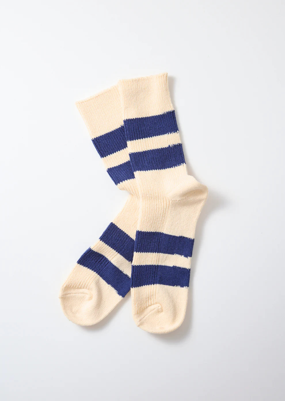 Rototo Recycled Cotton Stripe Socks - Ecru/Blue