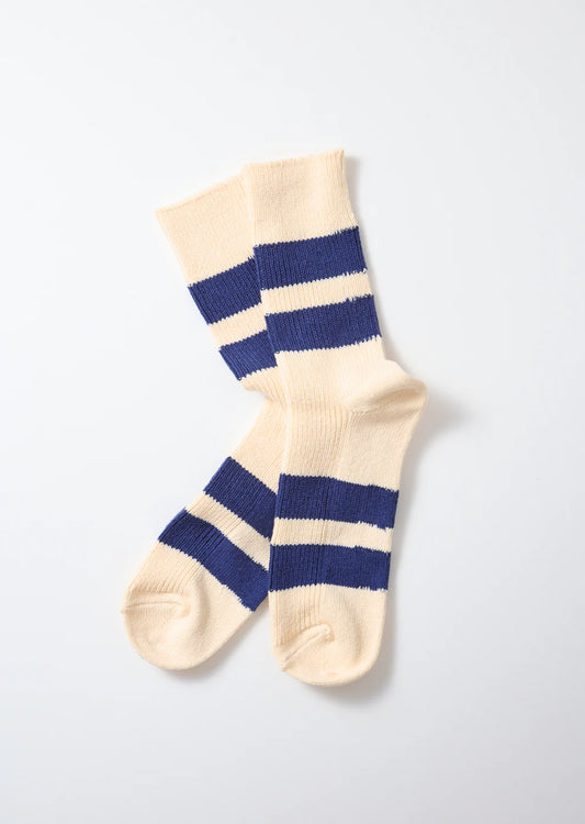 Rototo Recycled Cotton Stripe Socks - Ecru/Blue