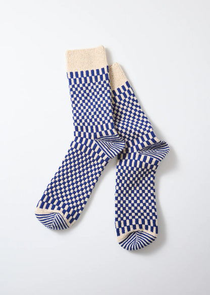 Rototo French Checkerboard Pattern Socks - Blue