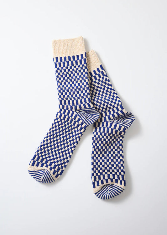 Rototo French Checkerboard Pattern Socks - Blue