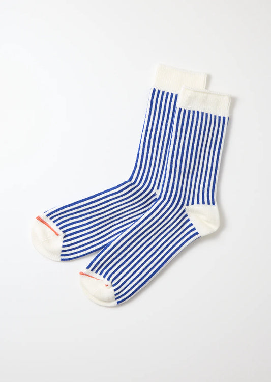 Rototo Vertical Stripe Socks - White/Royal Blue