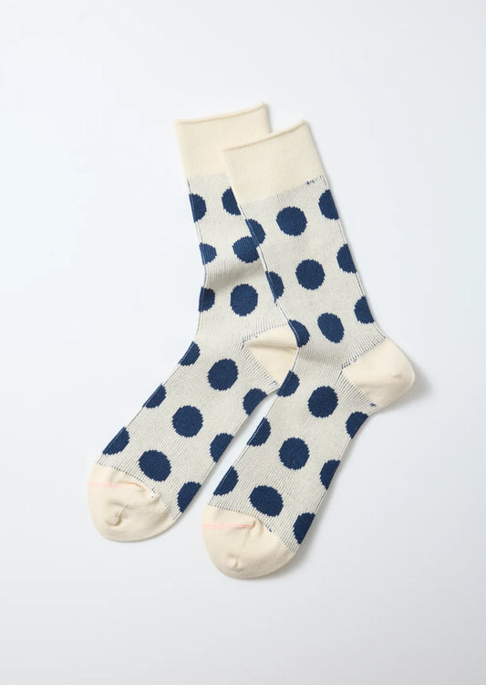 Rototo Porthole Dot Socks - Ecru/D. Blue