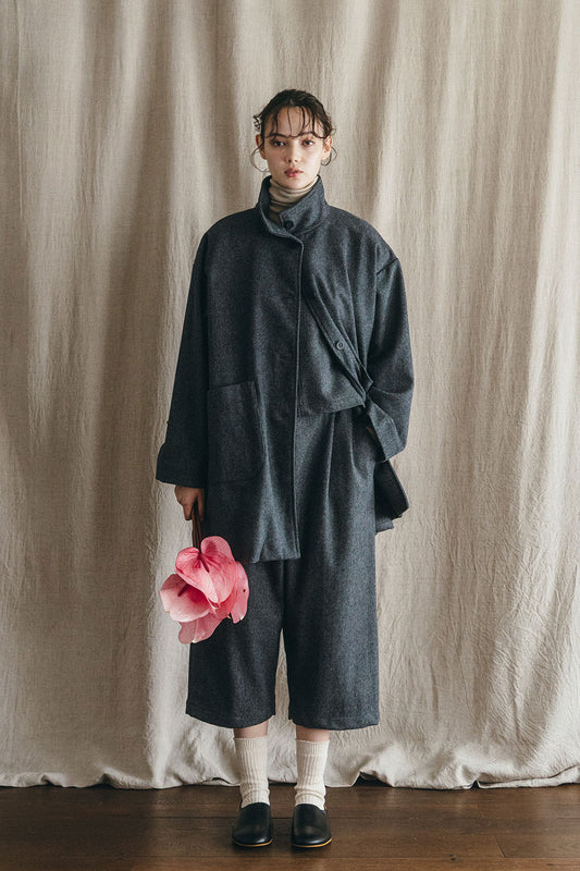 Fog Linen Work Wool Ziema Stand Collar Coat - Black Check