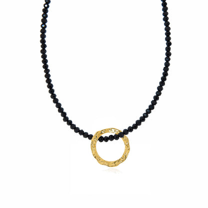 HERMINA ATHENS - Golden Full Moon Charm with Black Crystal Glass Necklace