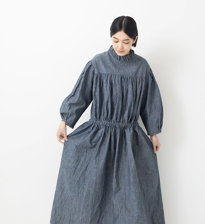 Veritecoeur Limited Version-Frill Gather Dress- Two Colours: Dangarees Blue & Dangarees Navy