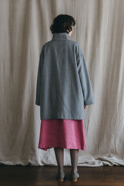 Fog Linen Work Wool Ziema Stand Collar Coat - Grey Check
