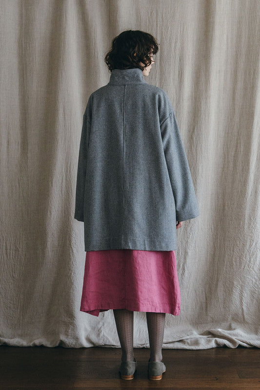 Fog Linen Work Wool Ziema Stand Collar Coat - Grey Check
