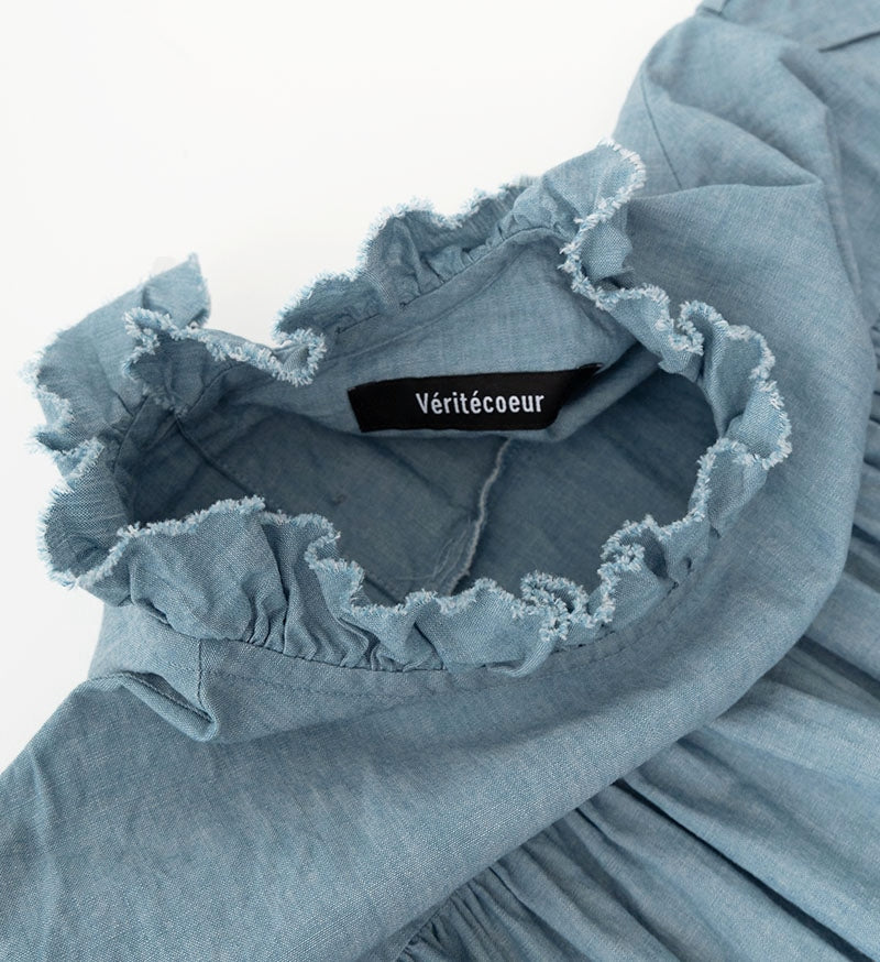 Veritecoeur Limited Version-Frill Gather Dress- Two Colours: Dangarees Blue & Dangarees Navy