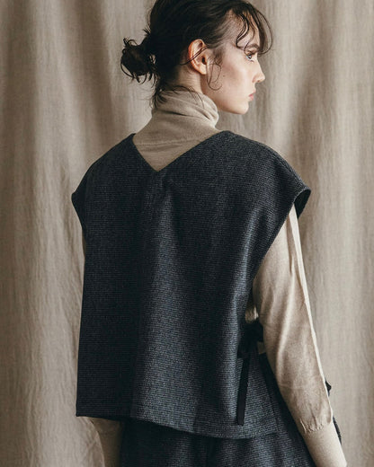 Fog Linen Work Roze Side Ribbon Wool Vest - Black Check