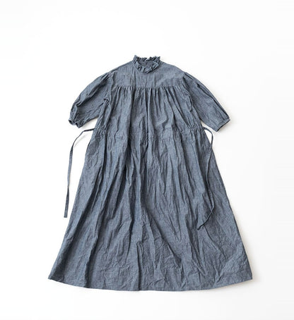 Veritecoeur Limited Version-Frill Gather Dress- Two Colours: Dangarees Blue & Dangarees Navy