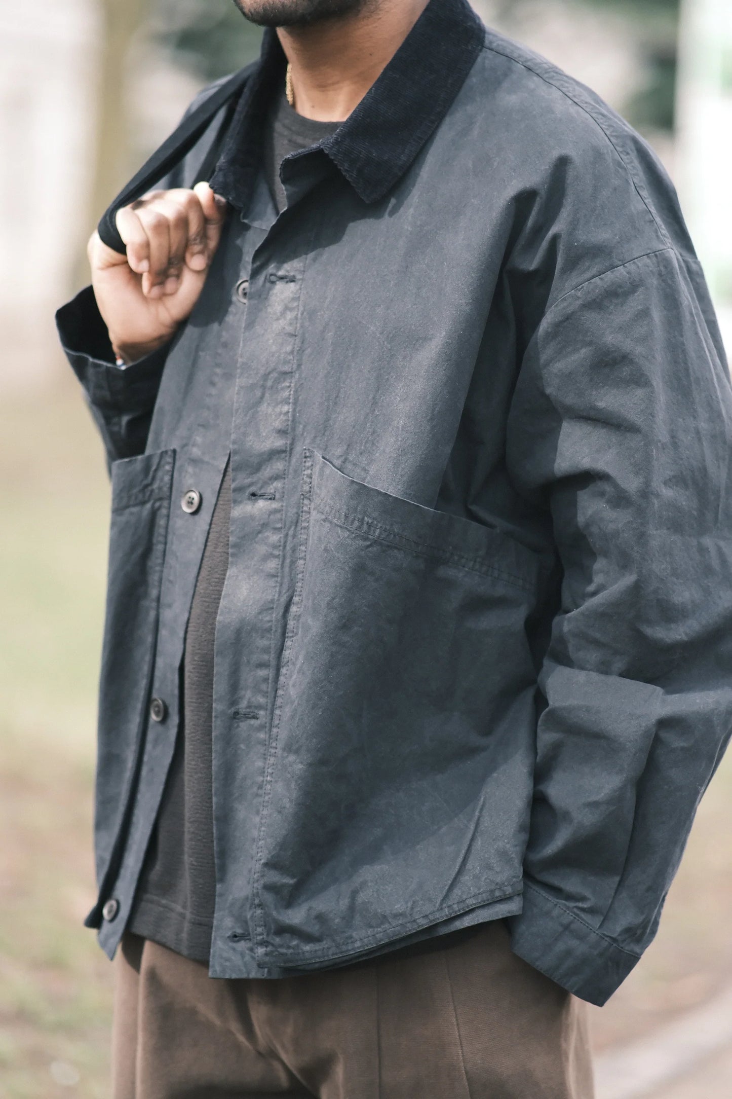 7115 by Szeki Unisex Panel Pockets Shirt Jacket - Waxed Edition - Navy Black