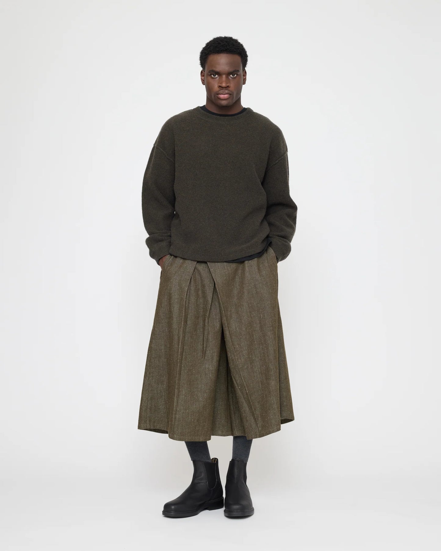 7115 by Szeki Unisex Pleated Culotte - Soft Denim Edition - Olive