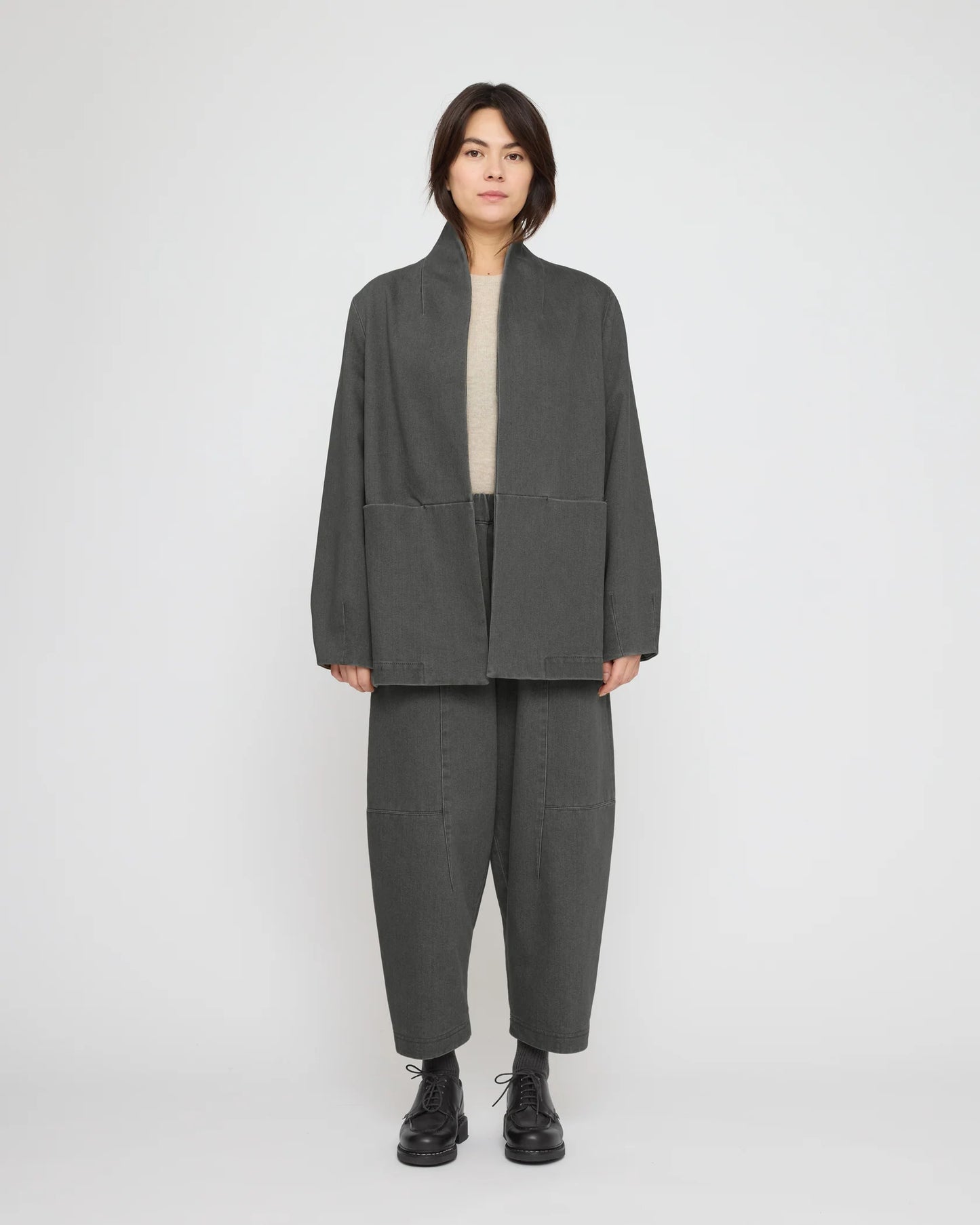 7115 by Szeki Unisex Open Short Coat - Washed Black