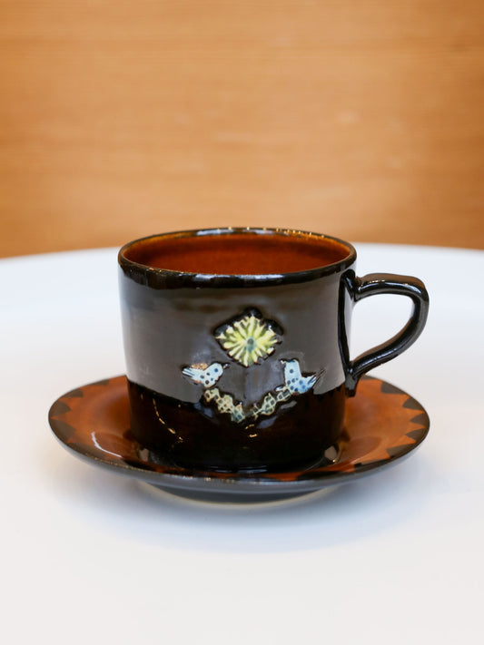Misao Yajima Dark Brown Coffee Cup & Saucer - No. 1 Two Birds (矢島操)