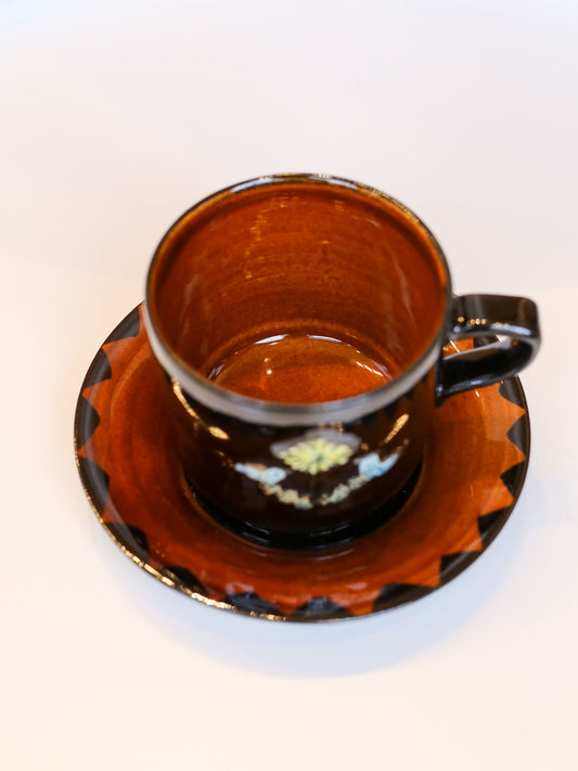 Misao Yajima Dark Brown Coffee Cup & Saucer - No. 1 Two Birds (矢島操)