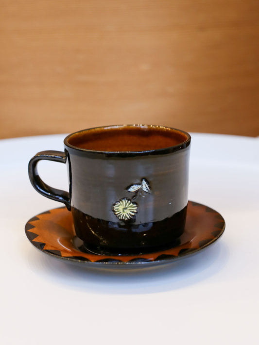 Misao Yajima Dark Brown Coffee Cup & Saucer - No. 4 Rabbit (矢島操)