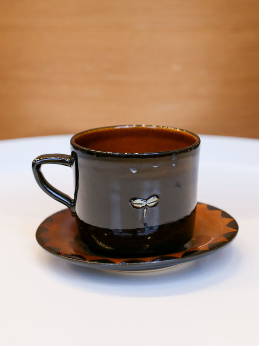 Misao Yajima Dark Brown Coffee Cup & Saucer - No. 6 Two Birds (矢島操)