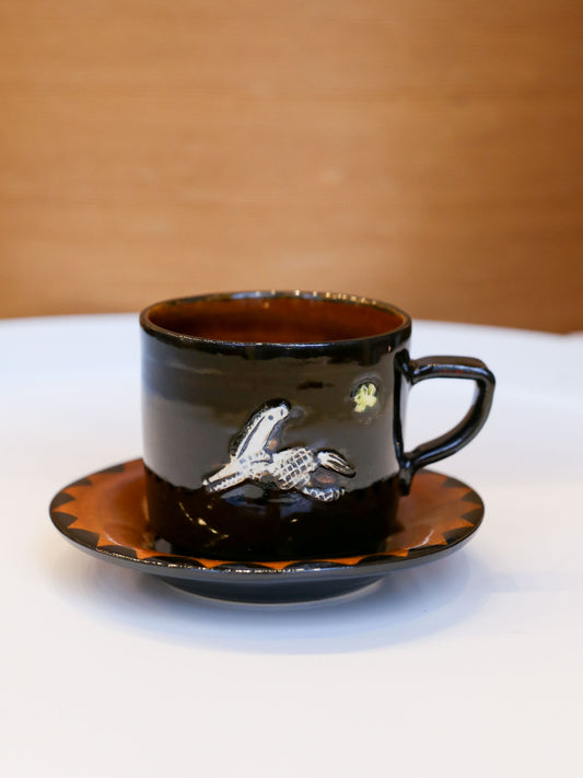 Misao Yajima Dark Brown Coffee Cup & Saucer - No. 9 Horse (矢島操)