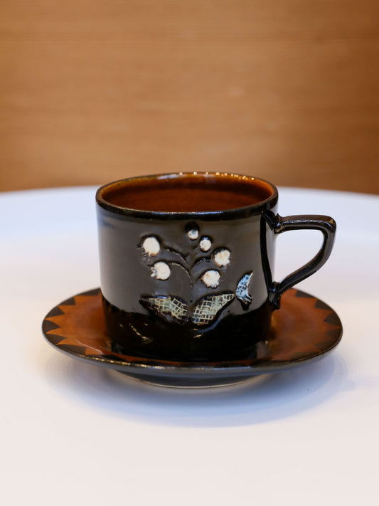 Misao Yajima Dark Brown Coffee Cup & Saucer - No. 10 Flower (矢島操)