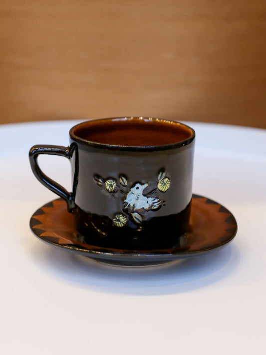 Misao Yajima Dark Brown Coffee Cup & Saucer - No. 10 Flower (矢島操)