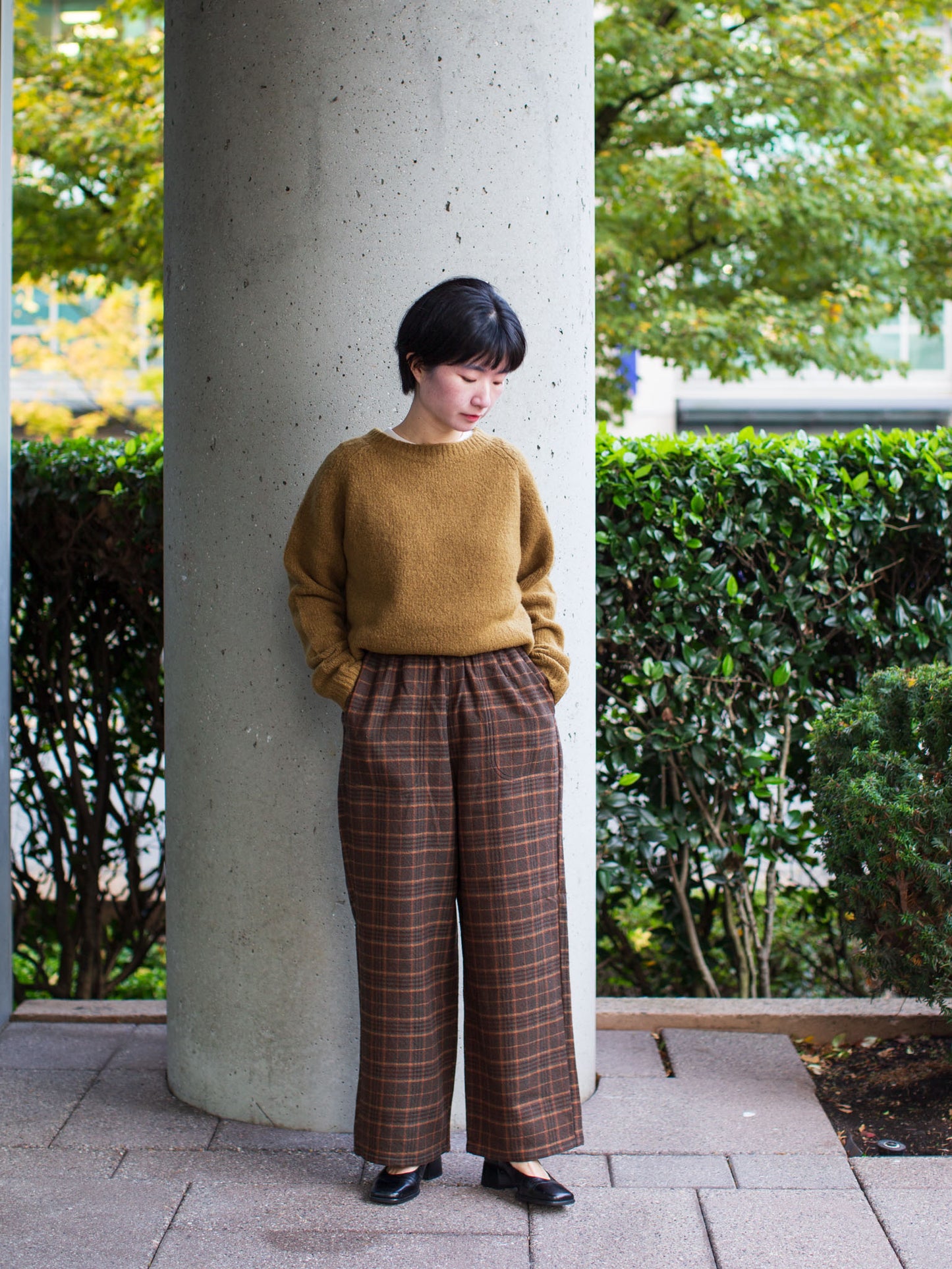 [50% off] Danton Woman's Wool Straight Easy Pants - Orange x Green Checks
