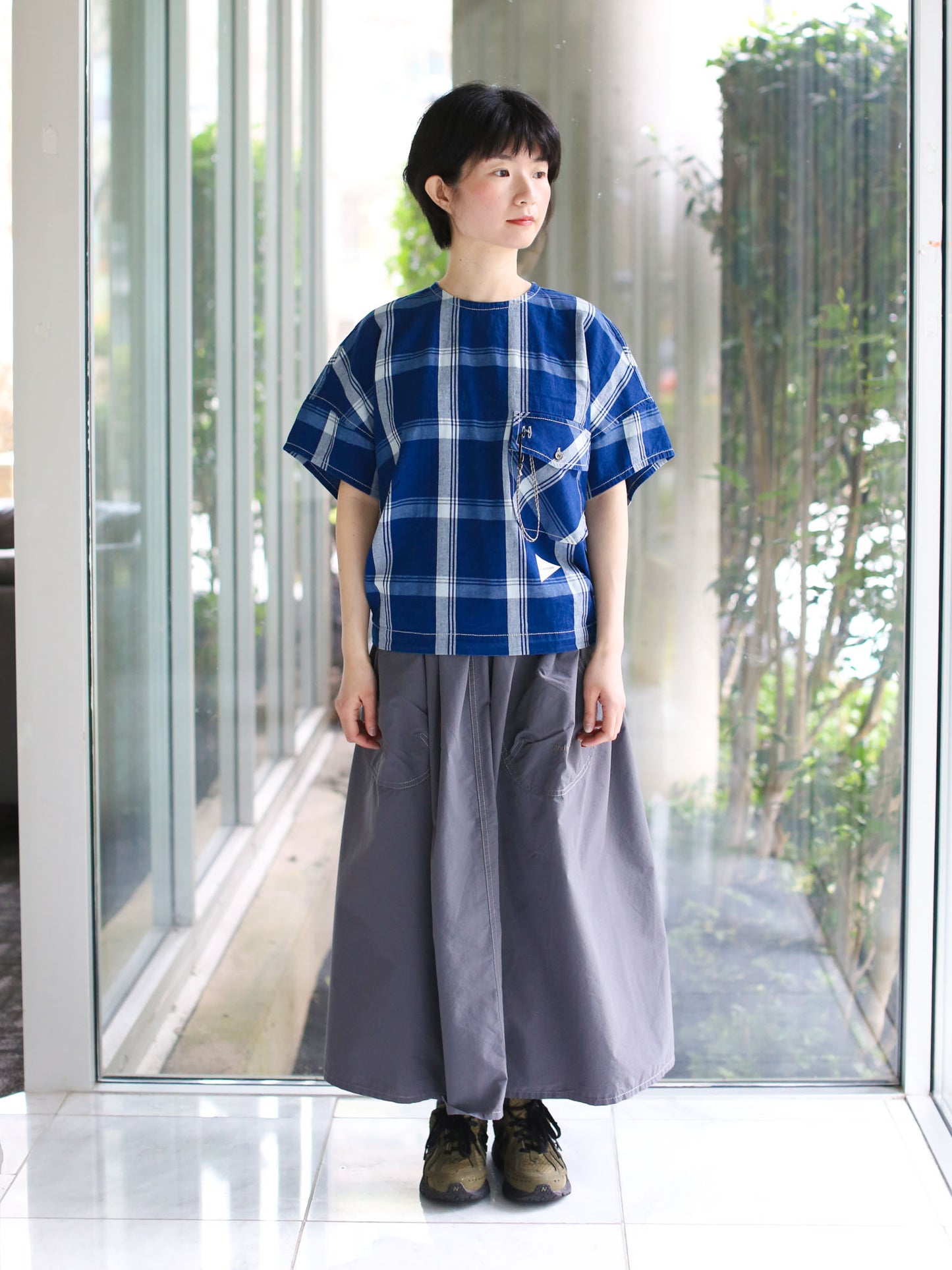 And Wander Indigo Checkered Pullover
