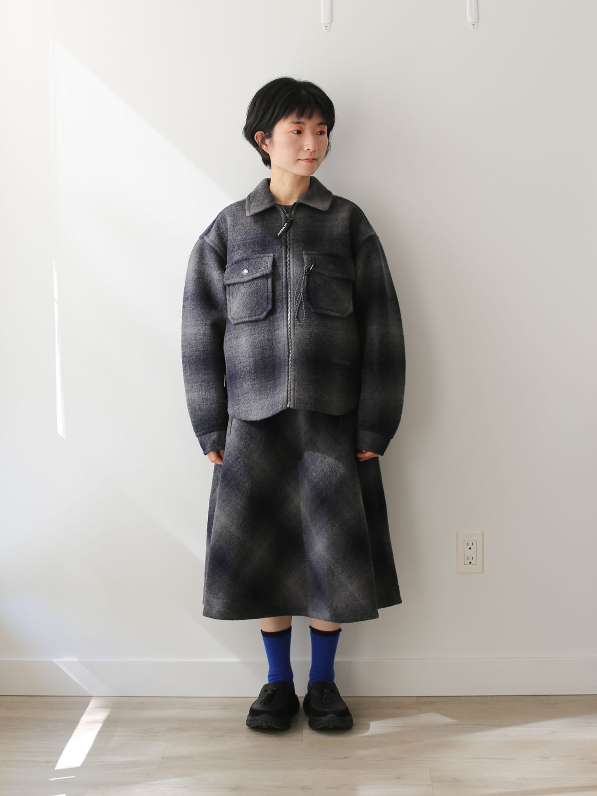 And Wander Women/Men's Wool Shaggy Check Zip Jacket