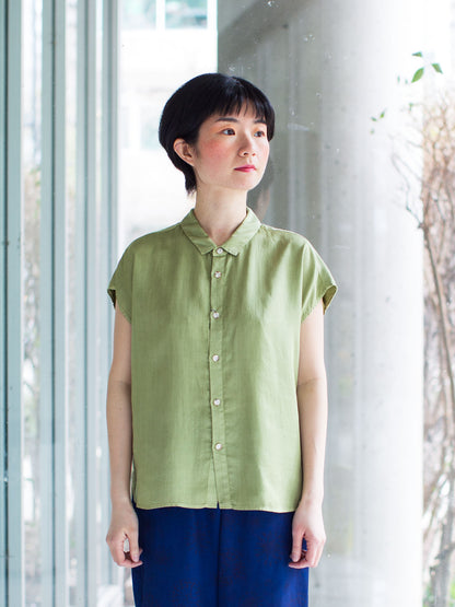 Blue Blue Japan Woven Plant-dye French Sleeve Shirt - Green