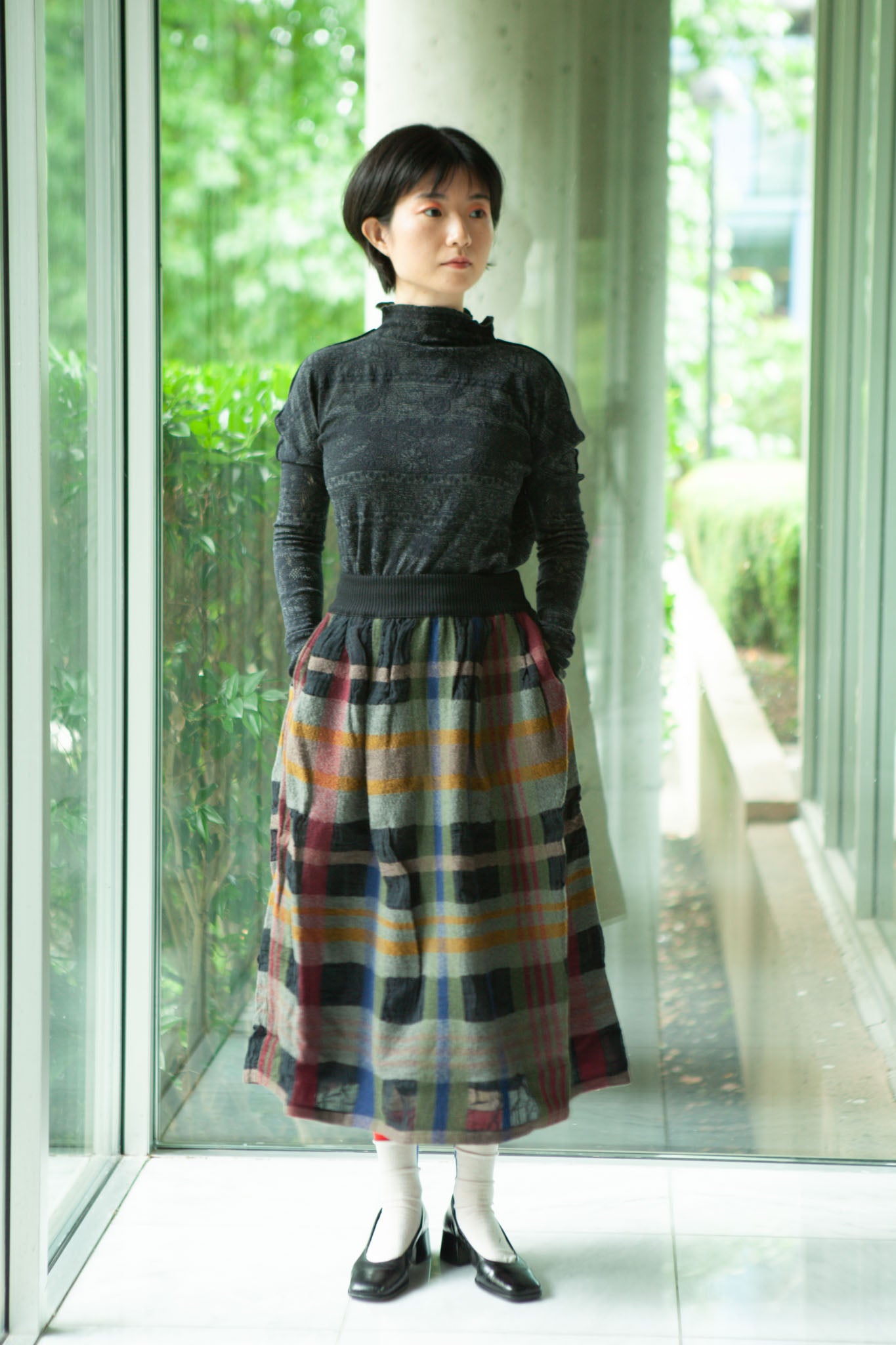 M. & Kyoko Checkered Woven Skirt - Black